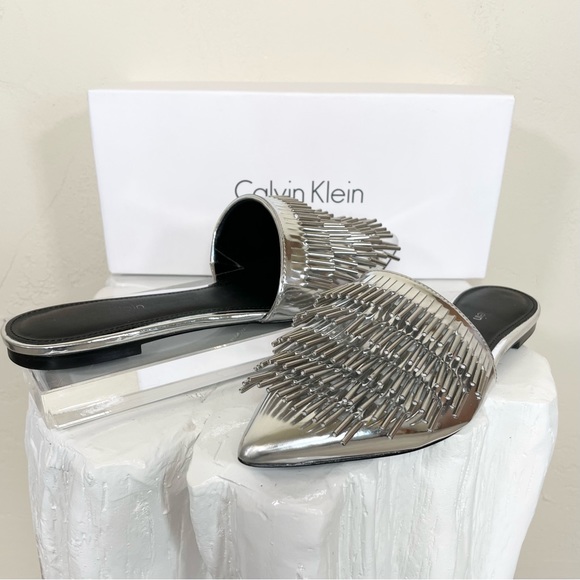 Calvin Klein Shoes - Calvin Klein Addie Metallic Silver Fringe Mule Slide